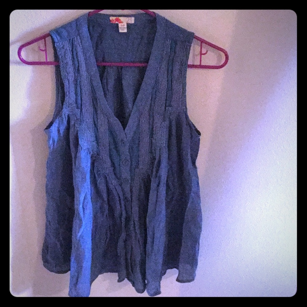 Light blue embroidered button up tank